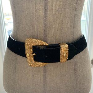 Vintage Statement Belt Women XS Black Suede Gold Glam Retro Large Buckle 90s 80s